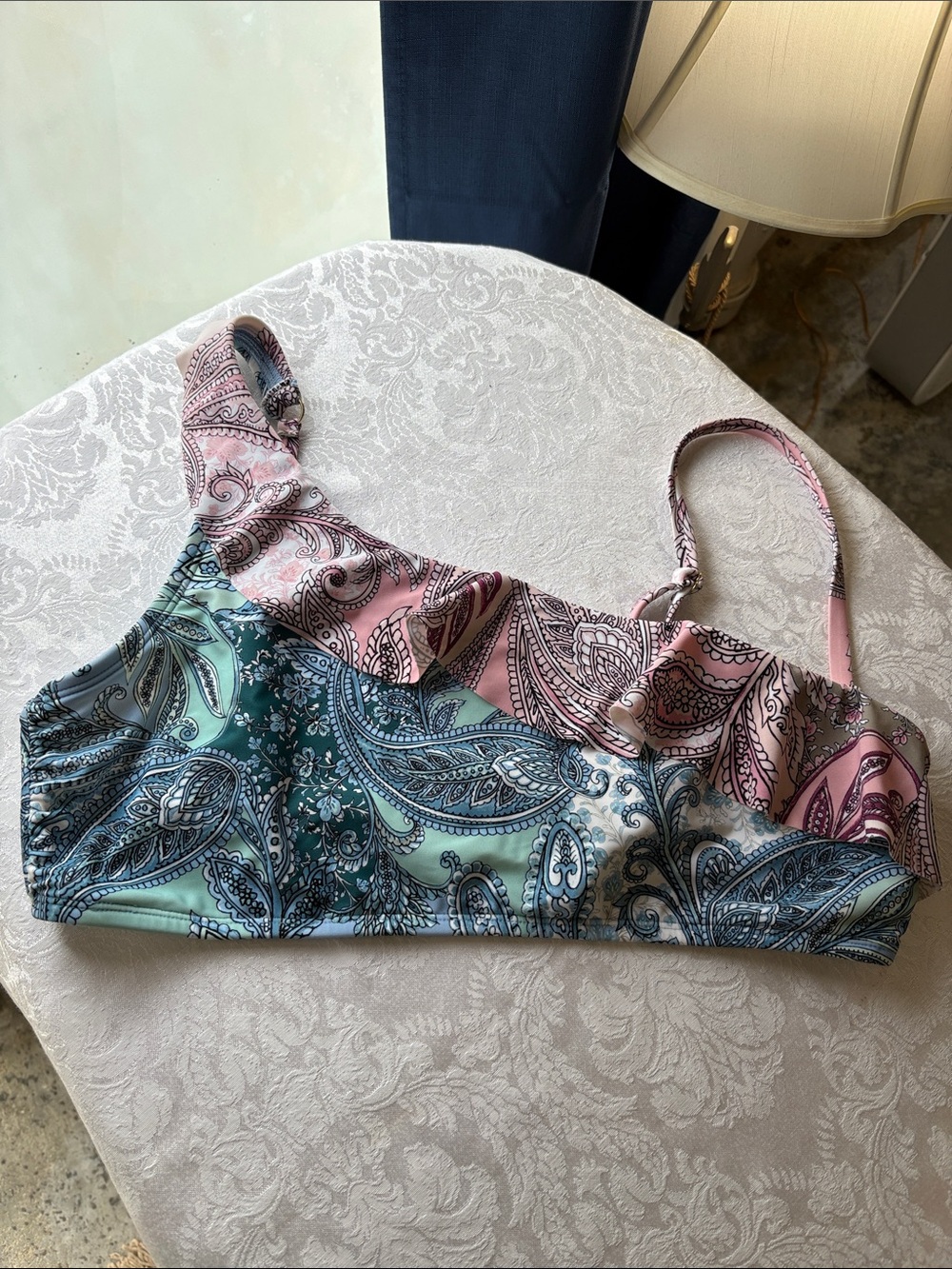Wonderly Paisley One-Shoulder Bikini Top in Pink and Teal